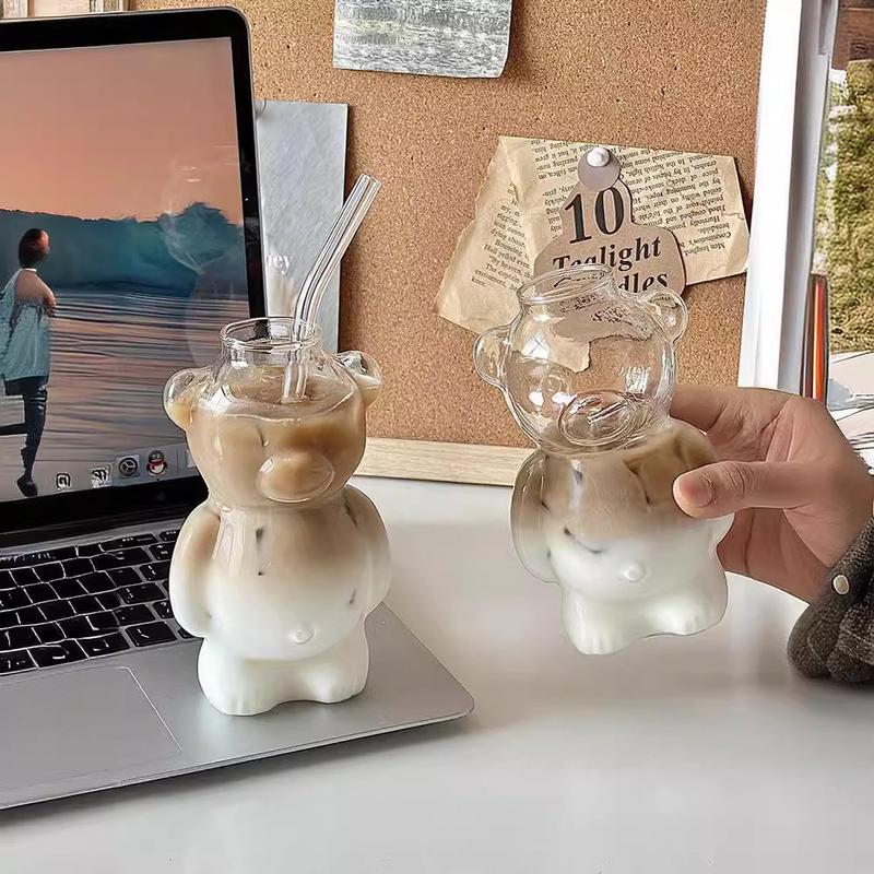 Bear Cup Coffee Glass Set (1 Bear Cup + 1 Straw), Creative Cartoon Glass Water Bottle, Juice Cup with Straw, Stylish and Practical