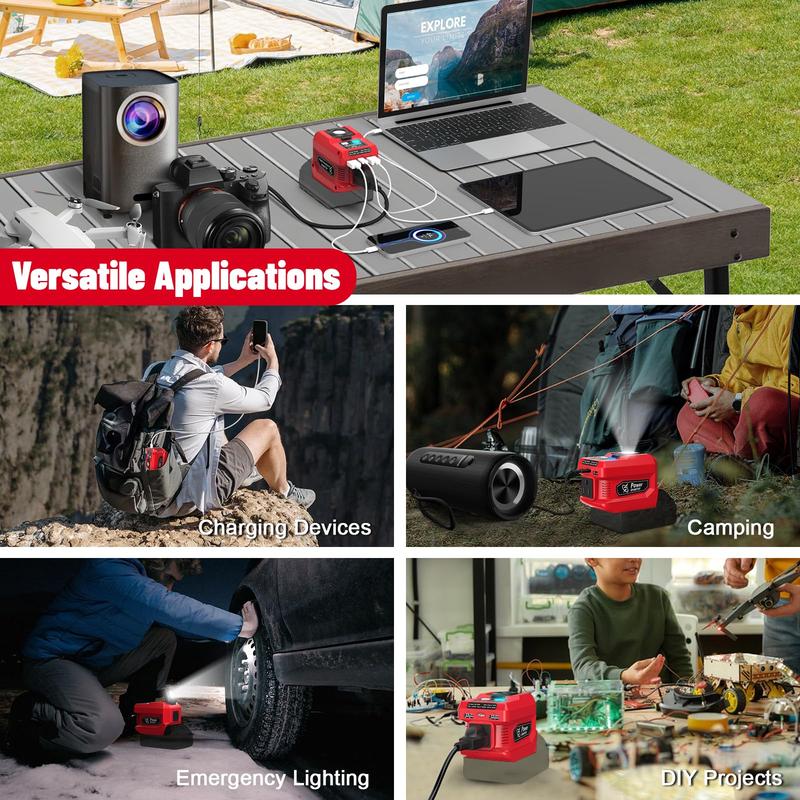 Azocek 220W Power Inverter for Milwaukee 18V & DeWalt 20V Batteries, DC to AC 110V Portable Power Station with AC Outlet, USB & Type-C Fast Charging, 400LM LED Light for Emergency Power & Outdoor Camping [Battery Not Included]