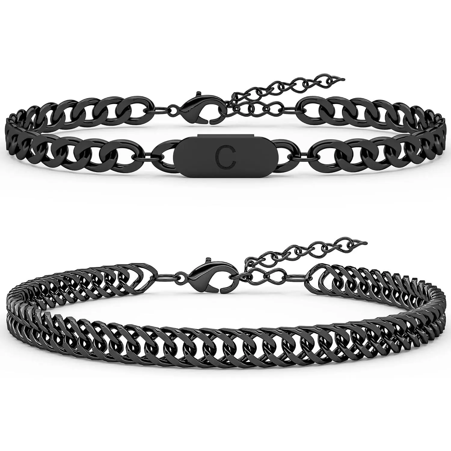 2 count Initial Letter Cuban Bracelet, A-Z Letter Pendant Stainless Steel Black Cuban Link Chain for Men Women  Set for Him Her