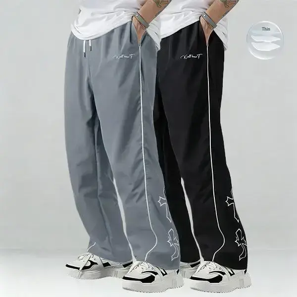 Men's 2 Pack Black Athletic Polyester Pants Bestie Gamis, White Side Stripes, Embroidered Design, Drawstring Straight Leg, Casual Gym Athleisure Bottoms, Polyester Clothes, Sweatpants,clothes for back to school,first day of school outfits