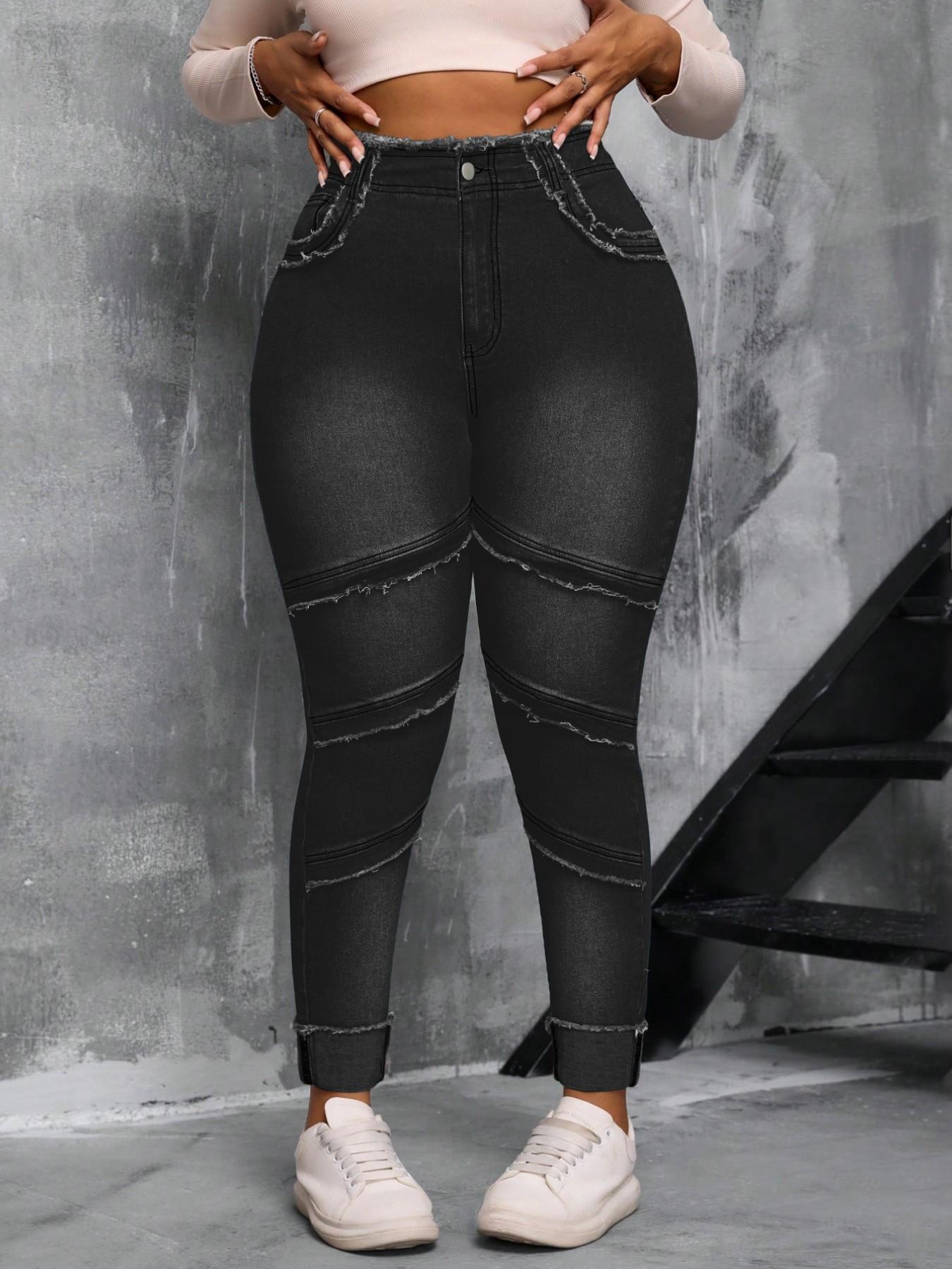 【Plus Size】 Raw Hem High Waist Dark Wash Stretchy Denim Jeans, Basic Comfy Slim-fitting Outfits Women's Bottoms for Summer 【Plus Size】 Raw Hem High Waist Dark Wash Stretchy Denim Jeans, Basic Comfy Slim-fitting Outfits Women's Bottoms for Summer