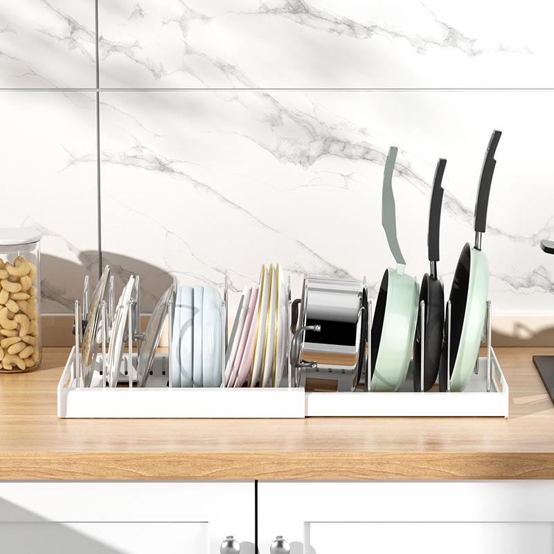 Expandable Pot and Pan Organizer Rack for Cabinet, Pot Lid Organizer Holder with 7 Stainless Steel Adjustable Dividers for Kitchen Cabinet Organizer and Storage (White)