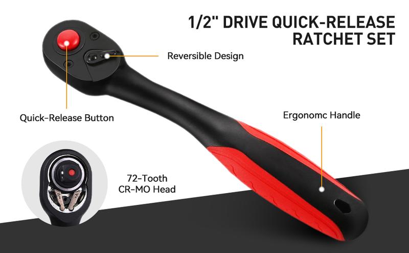 3-Piece 72-Tooth Composite Ratchet Set, 1/4", 1/2", 3/8" Drive Ratchet Handle - Chrome Vanadium Steel Construction & Full Composite Shell - Offset Handle - 72-Tooth Quick Release Reversible Heads