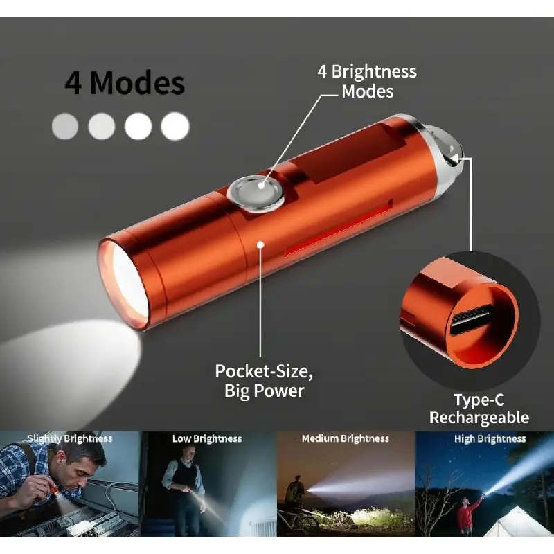 Mini Flashlight Rechargeable, Pocket EDC Flashlight with 4 Modes, Type-C Fast Charging Small LED Torch, Aluminum Body Keychain Light for Camping Hiking Dog Walking Home Repair, Emergency Gift