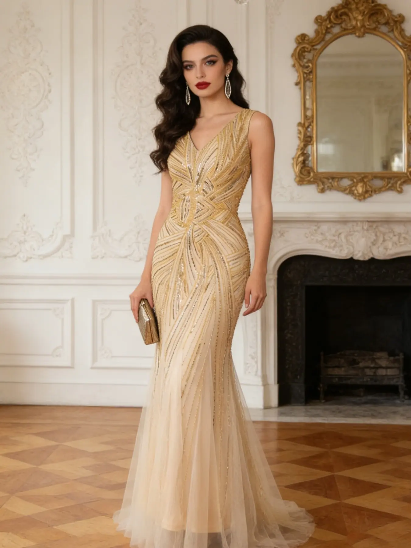 Summer Elegant Sequined Embroidered V-Neck Sleeveless Mermaid Evening Gown, Champagne Color Formal Dress Lady, Elegant Party Dresses, Wedding Guest Party Wear Womenswear, Elegant Party Apparel, Elegant Fashion Dress