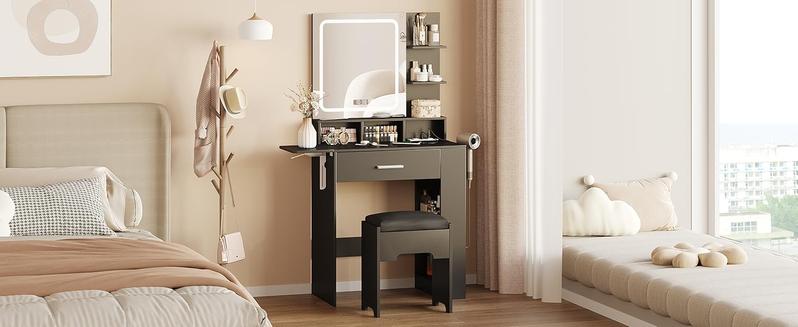 Vabches Vanity Desk with Mirror and Lights, Small Makeup Vanity with Drawer & Lots Storage Shelves, White Vanity Table with Charging Station & Time Display, Vanity Set with Chair, for Bedroom