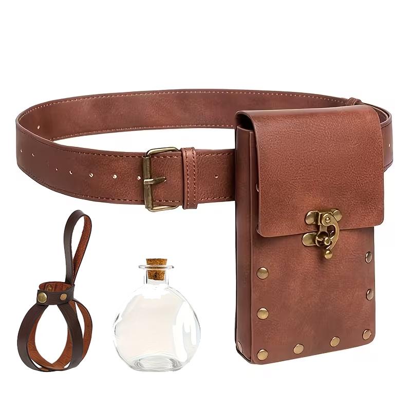3pcs Medieval Viking Role Play Set, Vintage Belt + Buckle Phone Waist Bag + Witch Potion Bottle, Halloween Costume Accessories