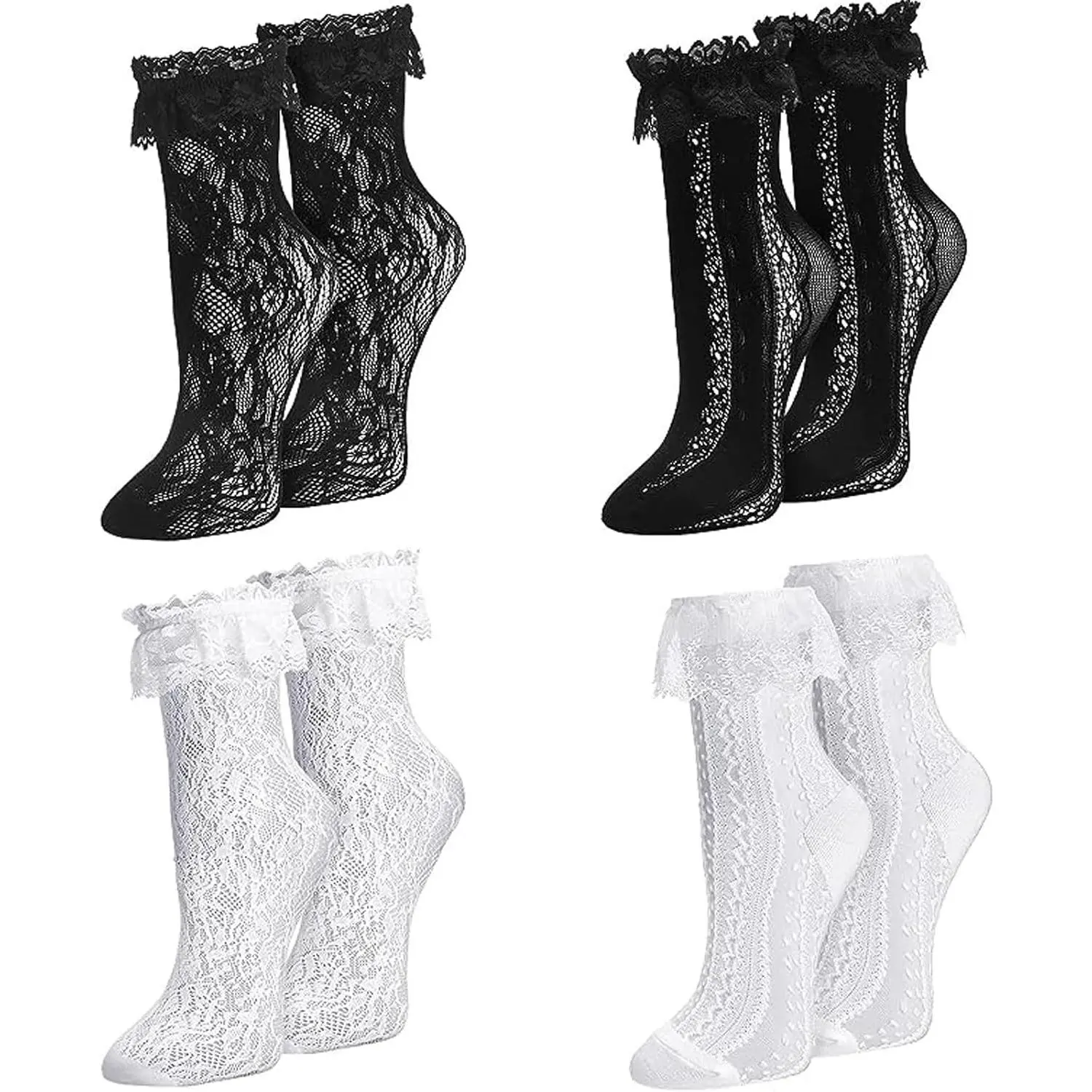 Women's Lace Ruffle Socks White Black Frilly Lolita Crew Ankle Socks Cute Soft Cotton Thin Sexy Mesh Lace Trim 80s Casual Church Socks for Ladies Big GirlsGift