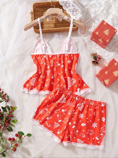 Women's Christmas Pajama Set, Fitted Nightwear Suit with Vest, Casual Style for All Seasons, Perfect Birthday Gift Idea