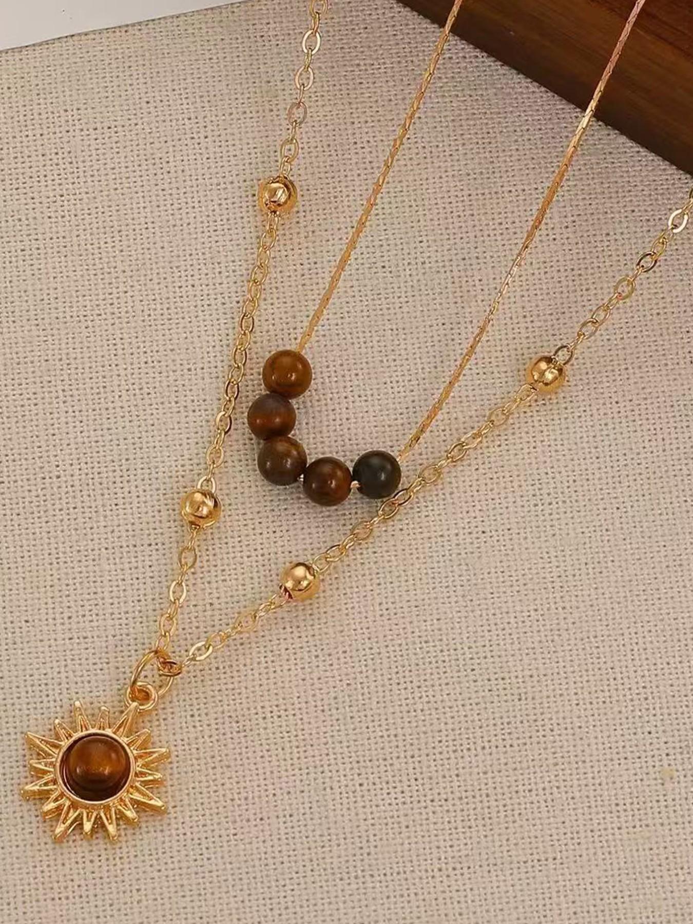 Boho Layered Sun Pendant Necklace, Gemstone Sun Necklace, Bead Choker, Faux Opal Sunburst, Sunshine Chain Necklace for Women