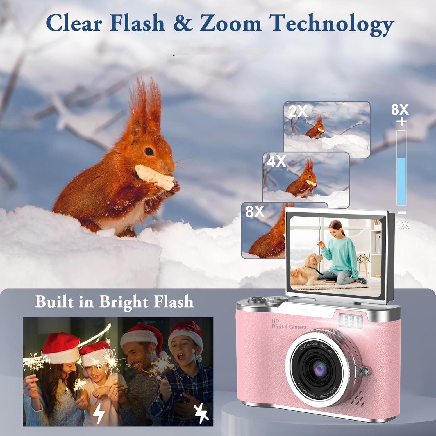 Portable Digital Cam, Student Camera, Compact Pocket Camera, 180° Degree Flip Screen Camera For Women, Entry-Level 1080P Pink Camera With 32GB Memory Card, Video Vlog, Photography, Birthday, Christmas New Year Gift