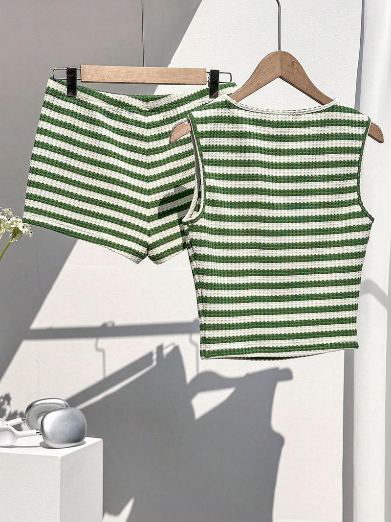Two-piece Set Women's Striped Pattern  Tank Top & Shorts, Casual Sleeveless Round Neck Top & Shorts for Summer, Ladies Clothes for Daily Wear, Knitted Shorts Set