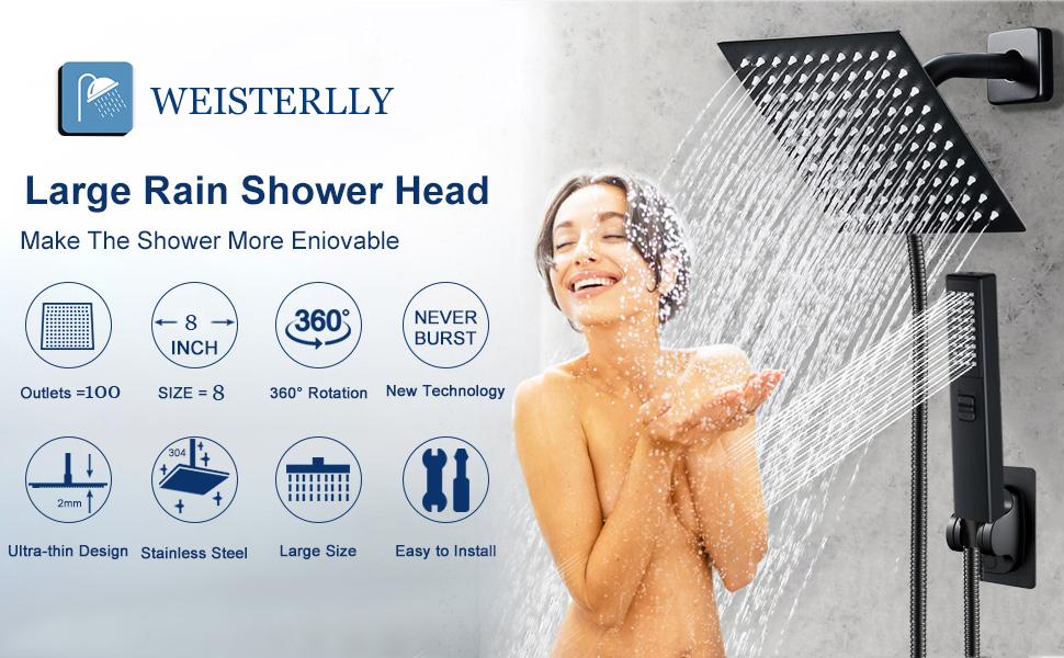 6/8"High Pressure Square RainShower Head and 2-in-1 HandShower.Equipped with 78"Hose, 3Way Diverter Valve,Adhesive ShowerHead Holder
