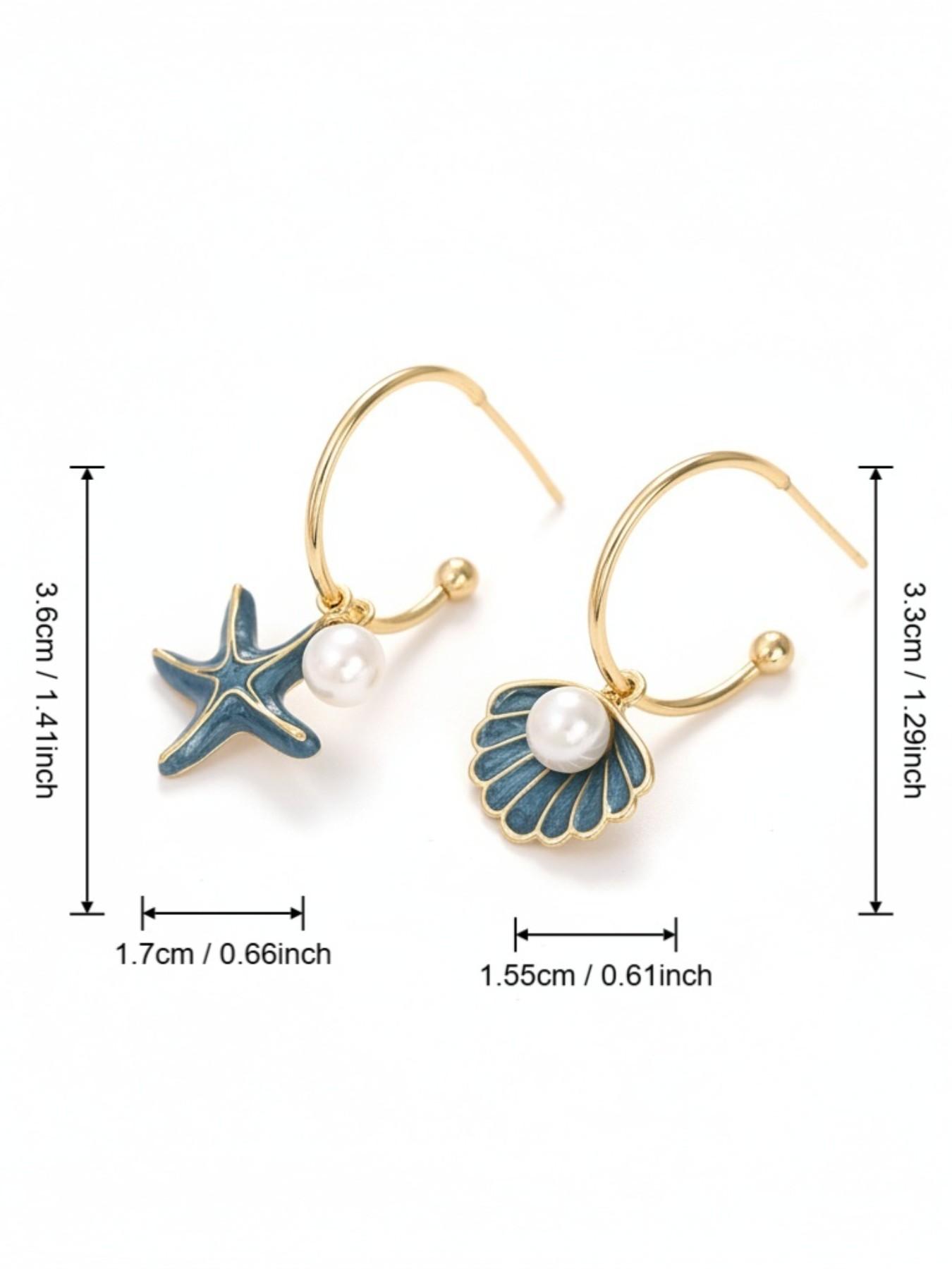 Asymmetrical Shell & Starfish Pearl Earrings for Women – Lightweight Ocean Style Drop Earrings Pearl Embellished High Quality Earrings