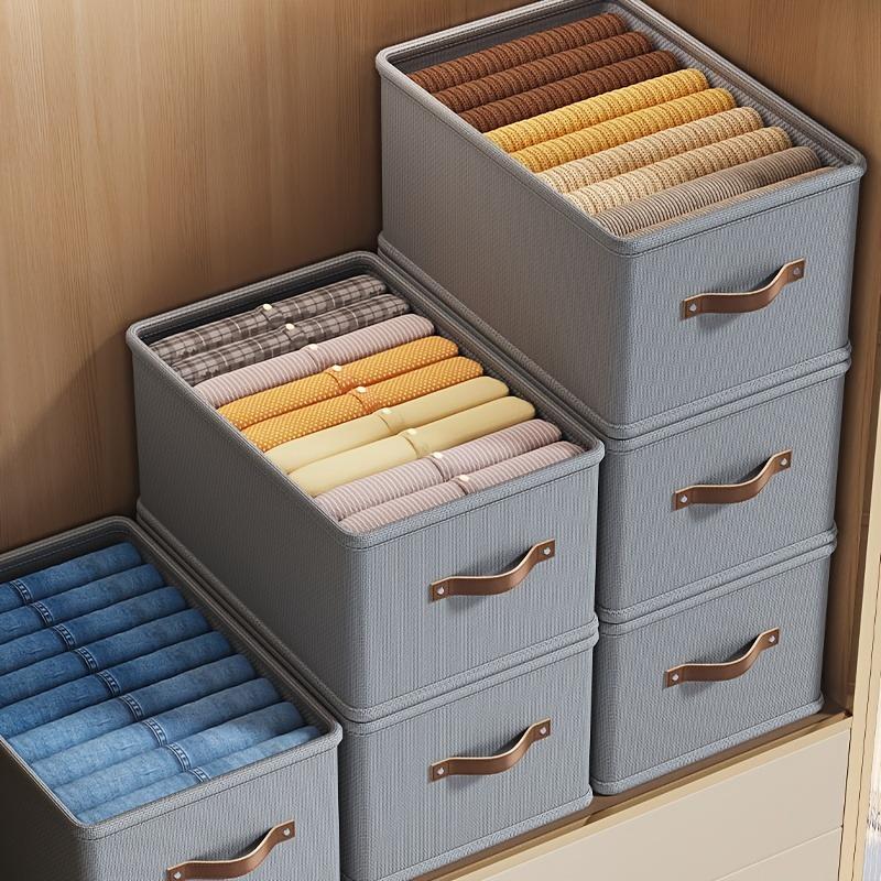 A winter closet clothing storage box (with handle), a foldable rectangular basket, a fabric container box for organizing shelves, suitable for the bedroom, Indoor Storage, in gray and beige colors, Clothes Storage Boxes