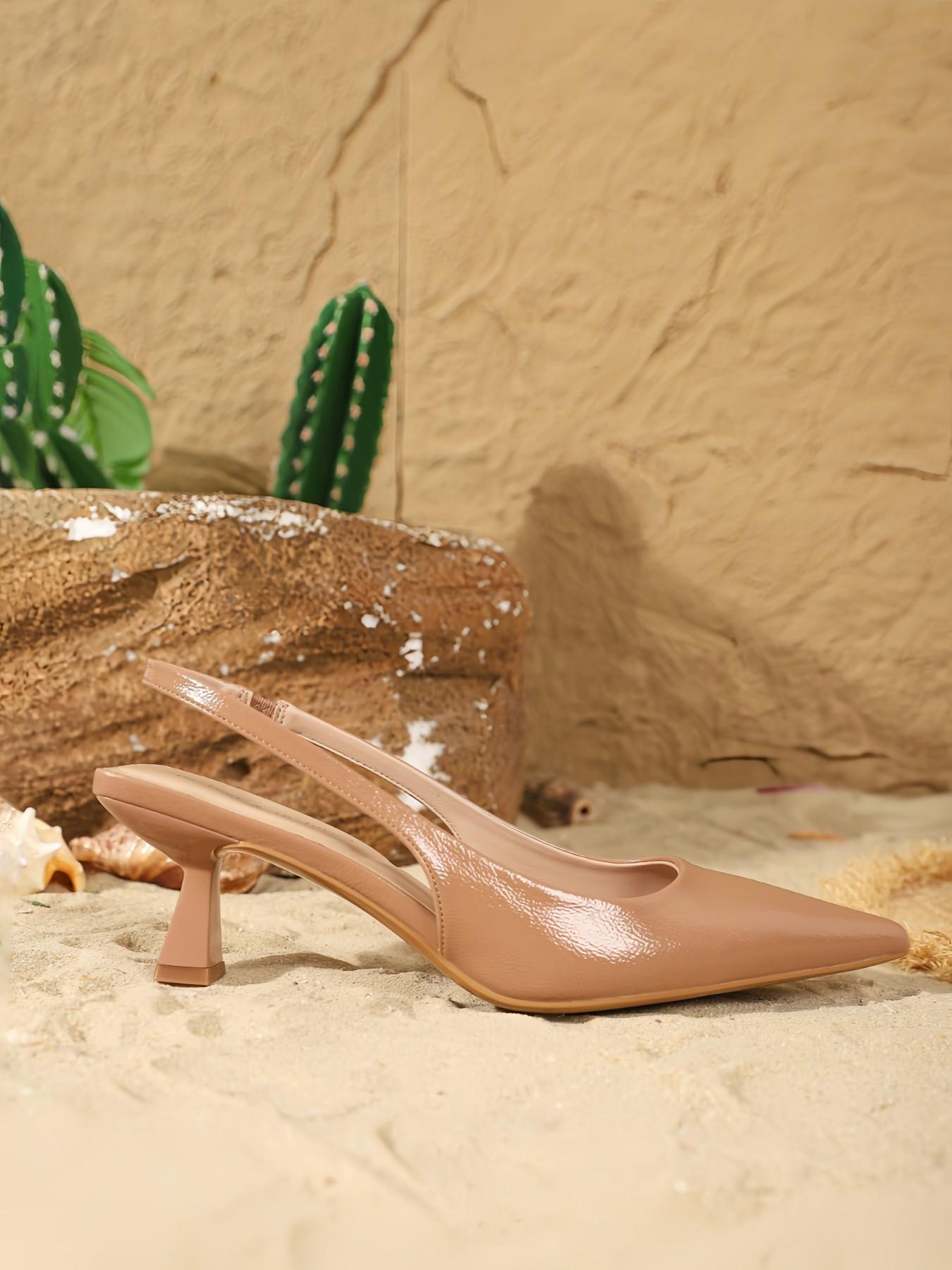 Women's New Fashion Elegant Back Buckle Pointed Toe Low Heel High Heels, PU Leather, Slim Fit, All Seasons, Versatile Style, Elegant Minimalist Sandals