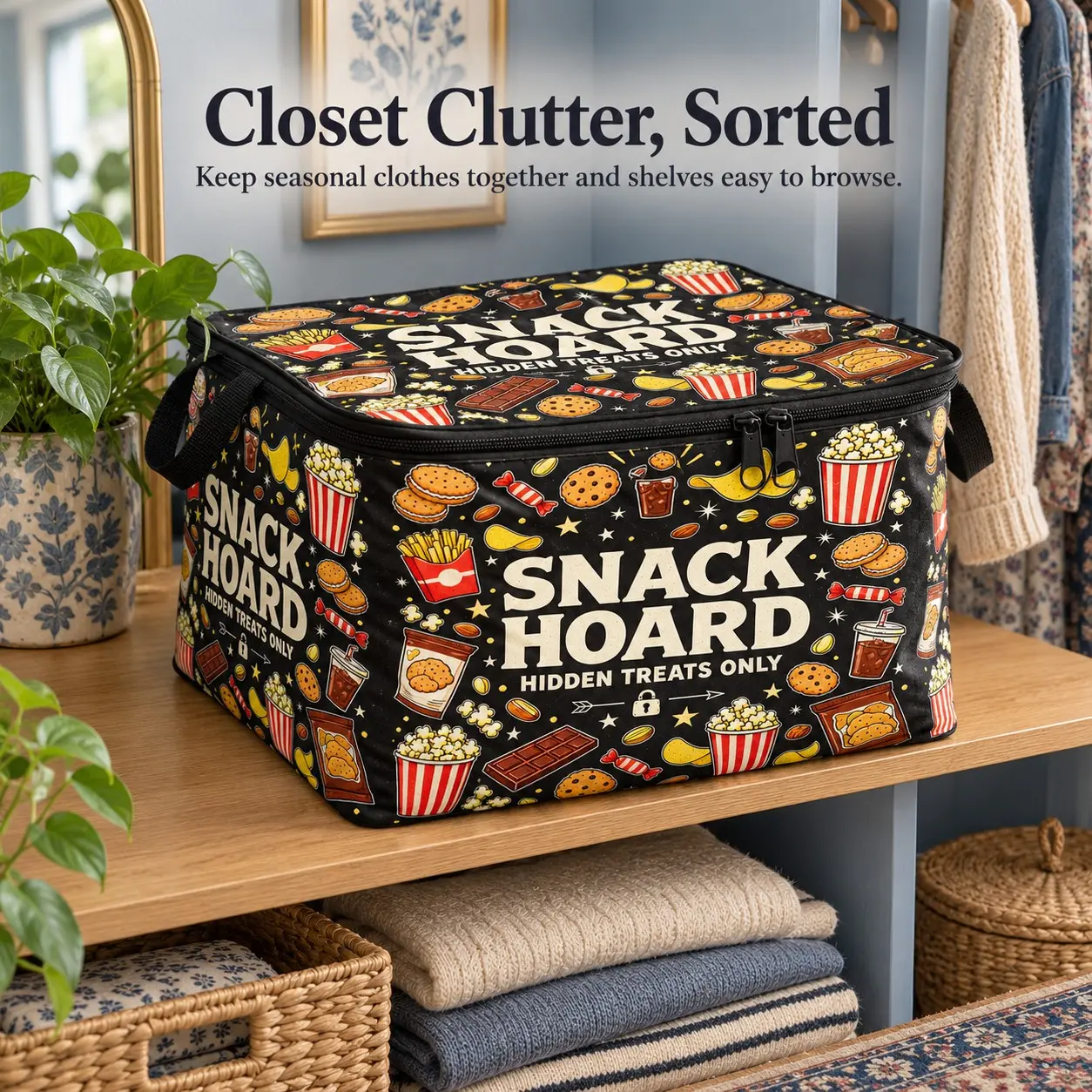 Snack Hoard Hidden Treats Only Popcorn Fries Candy Print Storage Box Organizer, Ideal for Home Kitchen, Stylish and Functional Design