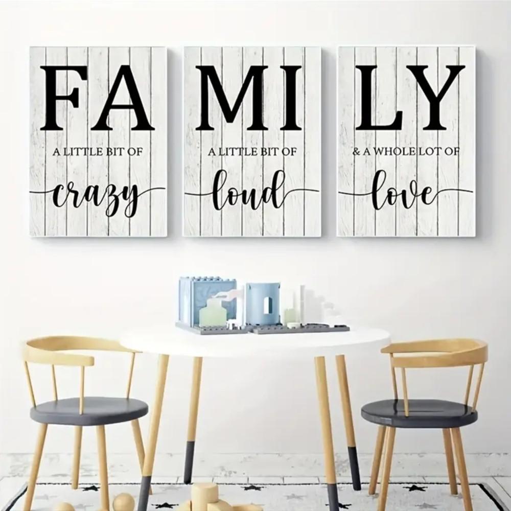 3-Piece Optional Wooden Frame Modern Simple Black White Family English Alphabet Typography Art Canvas Poster High Precision Color Micro-spray Moisture-proof Coating Clear Text No Color Difference Excellent Flatness Living Room Shared Space Decor