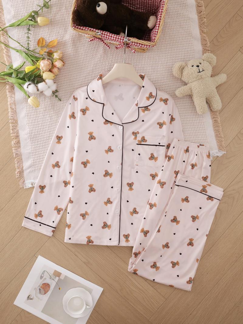 Two-piece Set Women's Heart/ Strawberry Print Pajama Set, Casual Comfy Long Sleeve Lapel Collar Top & Pants Pj Set, Ladies Sleepwear for Spring & Fall