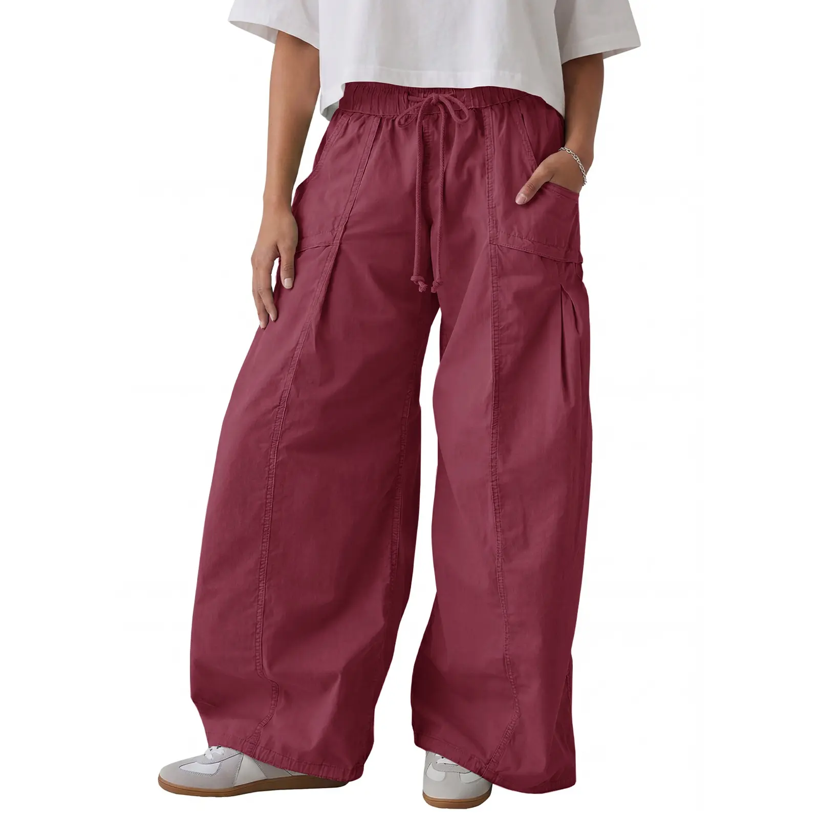 Aoysky Women's Oversized Baggy Cotton Cargo Pants, Wide Leg Casual Bottoms with Adjustable High Waist for Lounge Wear,back to school shopping, Loose
