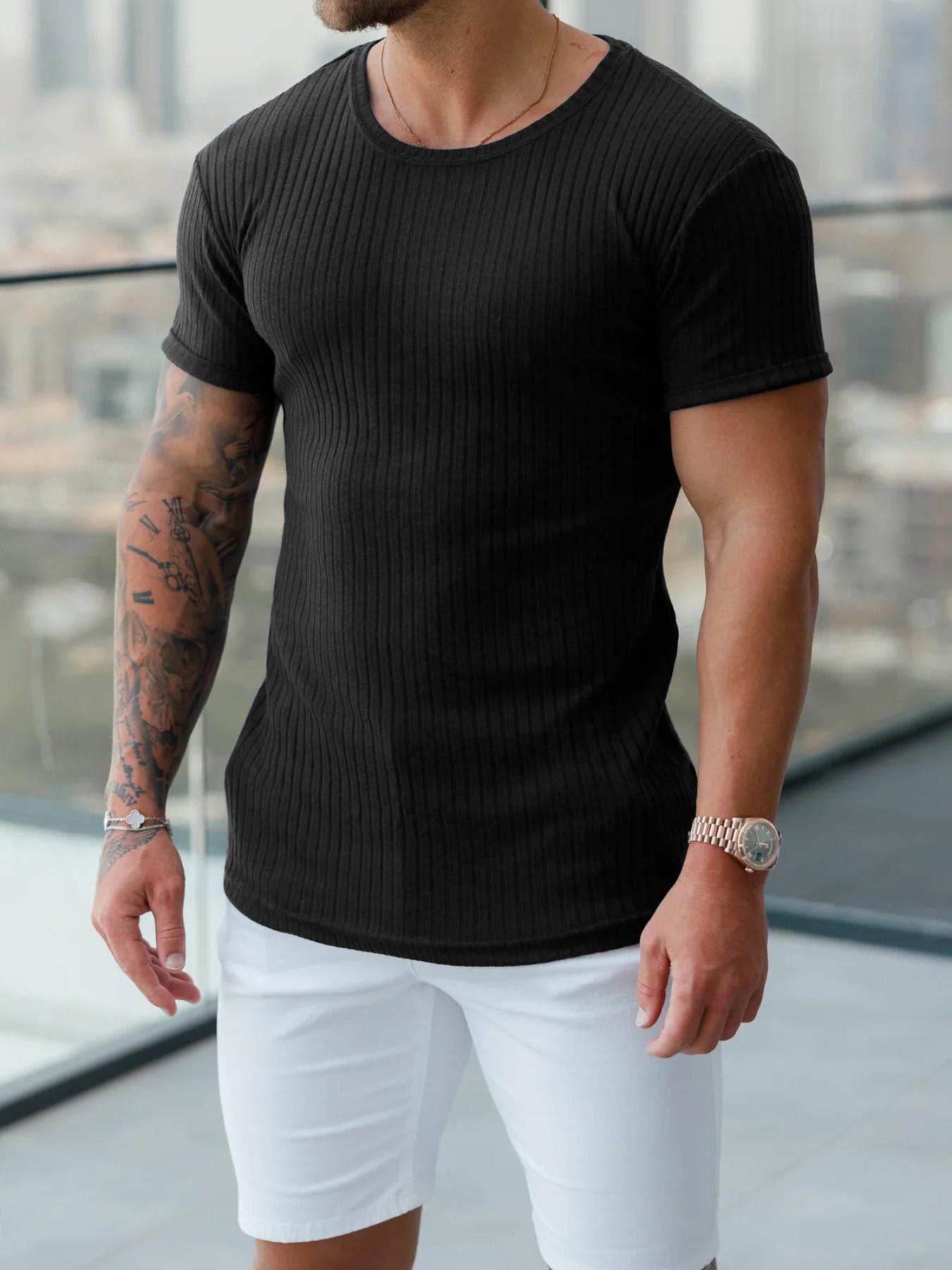 Men's Slim-Fit Ribbed Knitted Round Neck Short Sleeve T-Shirt, Casual Sport Plain Summer Daily Wear Top, Long Clothing