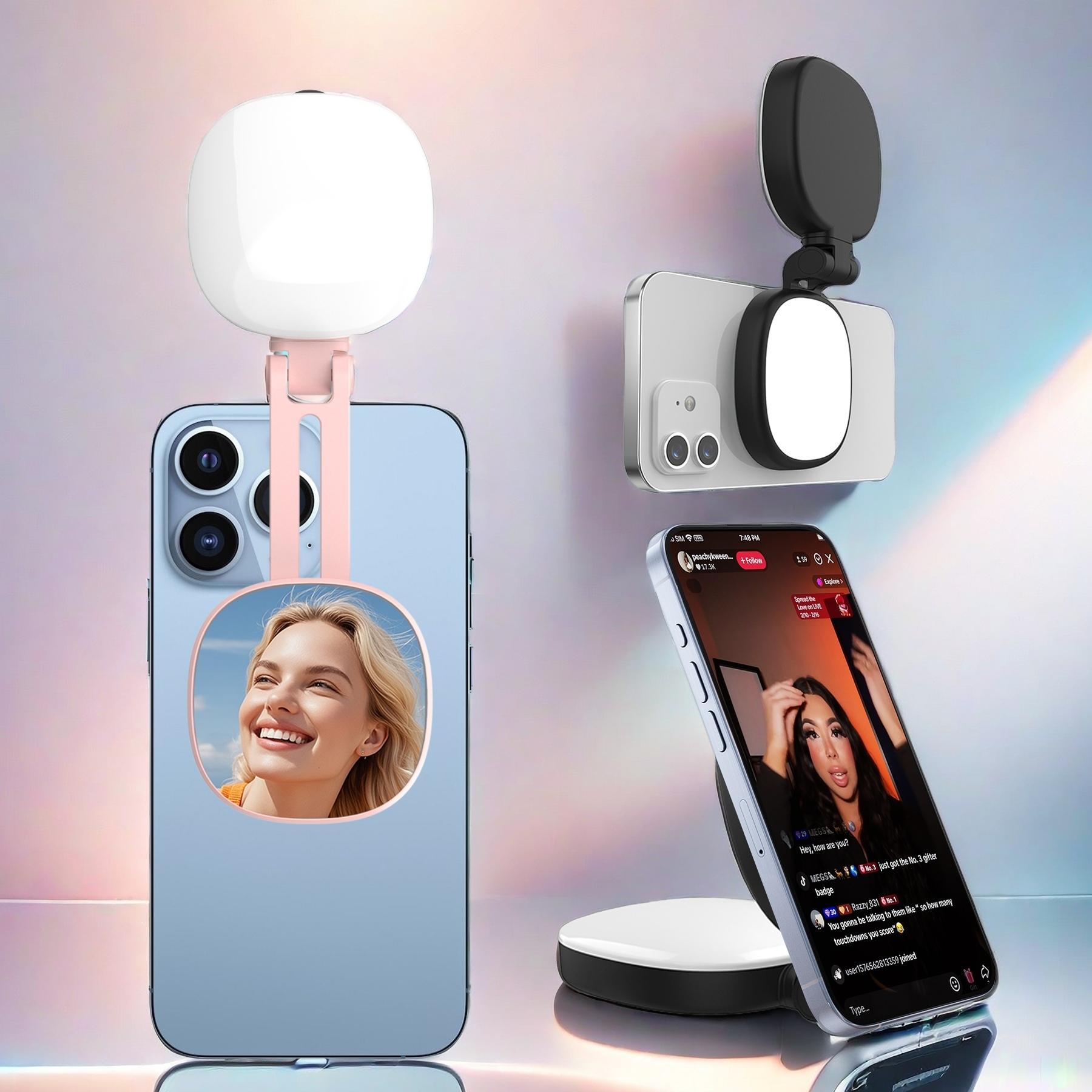Magnetic Selfie Light for Phone with Mirror, Retractable Foldable Pocket Size Portable Mini Ring Light for Phone, Dimmable Fill LED Phone Light, Selfie Led Lights for Video Recording/Live Streaming/Makeup/Vlog