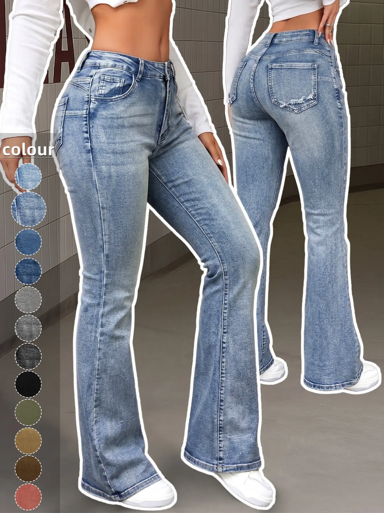 Women's High Waisted Light Wash Denim Jeans, Trendy Jeans, Distressed Back Pocket, Stretch Flare Leg, Y2K Streetwear, Casual Daily Wear, Spring Summer Fall