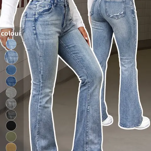 Women's High Waisted Light Wash Denim Jeans, Trendy Jeans, Distressed Back Pocket, Stretch Flare Leg, Y2K Streetwear, Casual Daily Wear, Spring Summer Fall