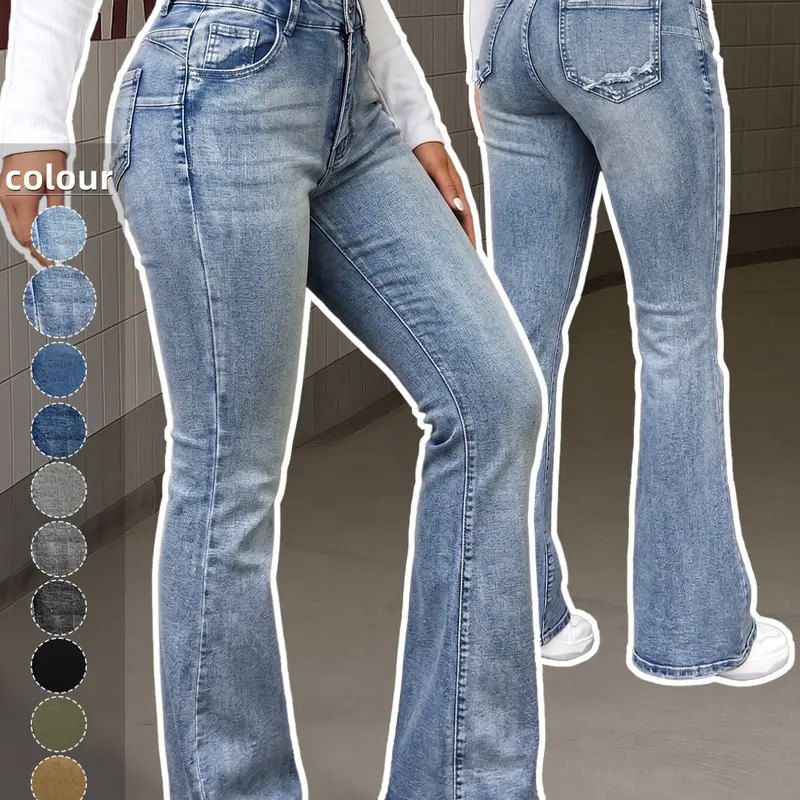 Women's High Waisted Light Wash Denim Jeans, Trendy Jeans, Distressed Back Pocket, Stretch Flare Leg, Y2K Streetwear, Casual Daily Wear, Spring Summer Fall
