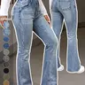 Women's High Waisted Light Wash Denim Jeans, Trendy Jeans, Distressed Back Pocket, Stretch Flare Leg, Y2K Streetwear, Casual Daily Wear, Spring Summer Fall