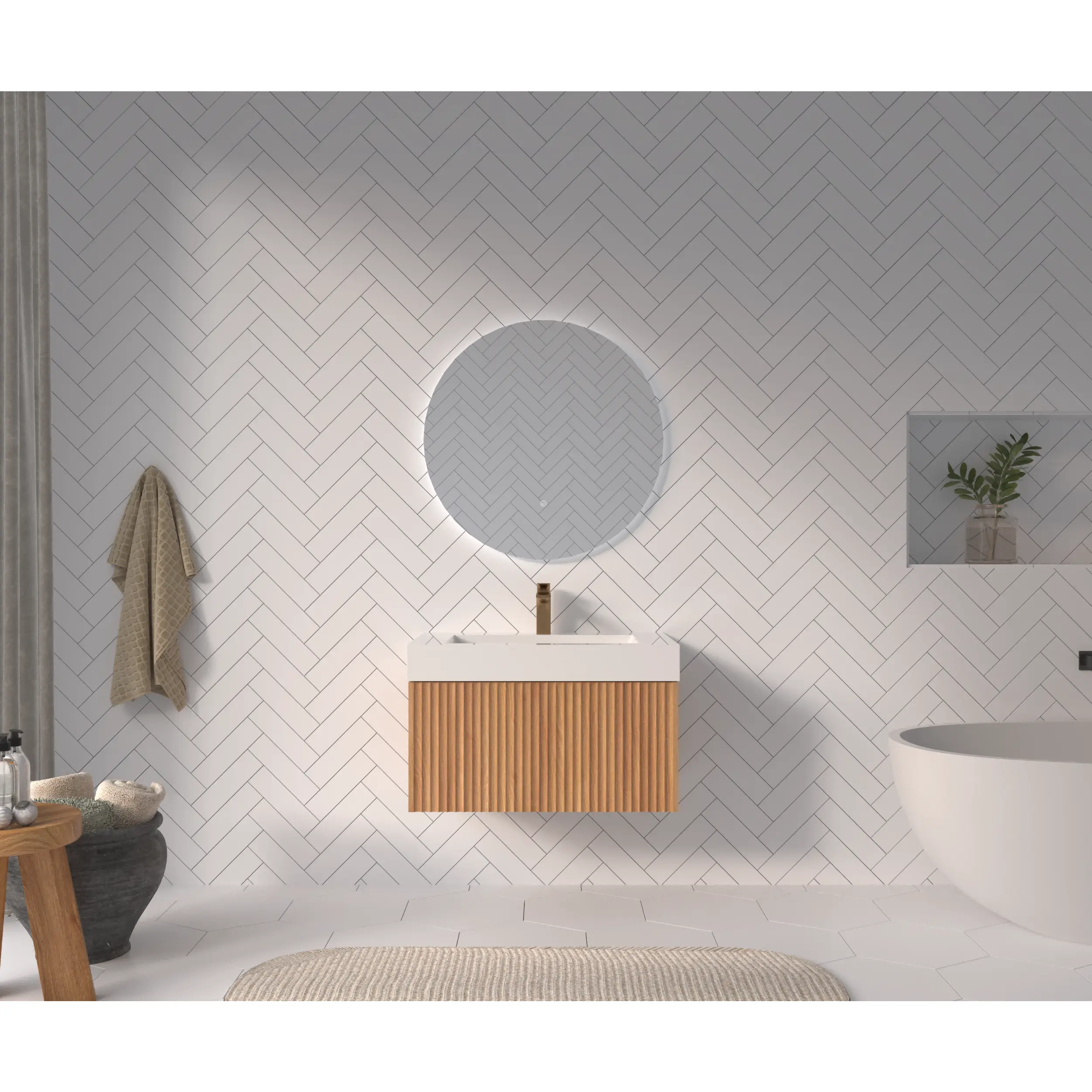 Nokaa 30 Inch Wall Mounted Bathroom Vanity with Integrated Sink, Modern Minimalist Plywood Cabinet in Acacia Finish, Space-Saving Floating Design for Compact Bathrooms, Single Basin Vanity Unit with Storage
