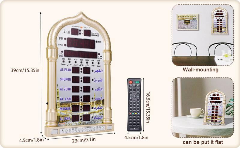 12V Azan Mosque Calendar Muslim Prayer Wall Clock Alarm Islamic Mosque Azan Calendar Ramadan Home Decor Religious Ornaments with Remote Control golden Plastic