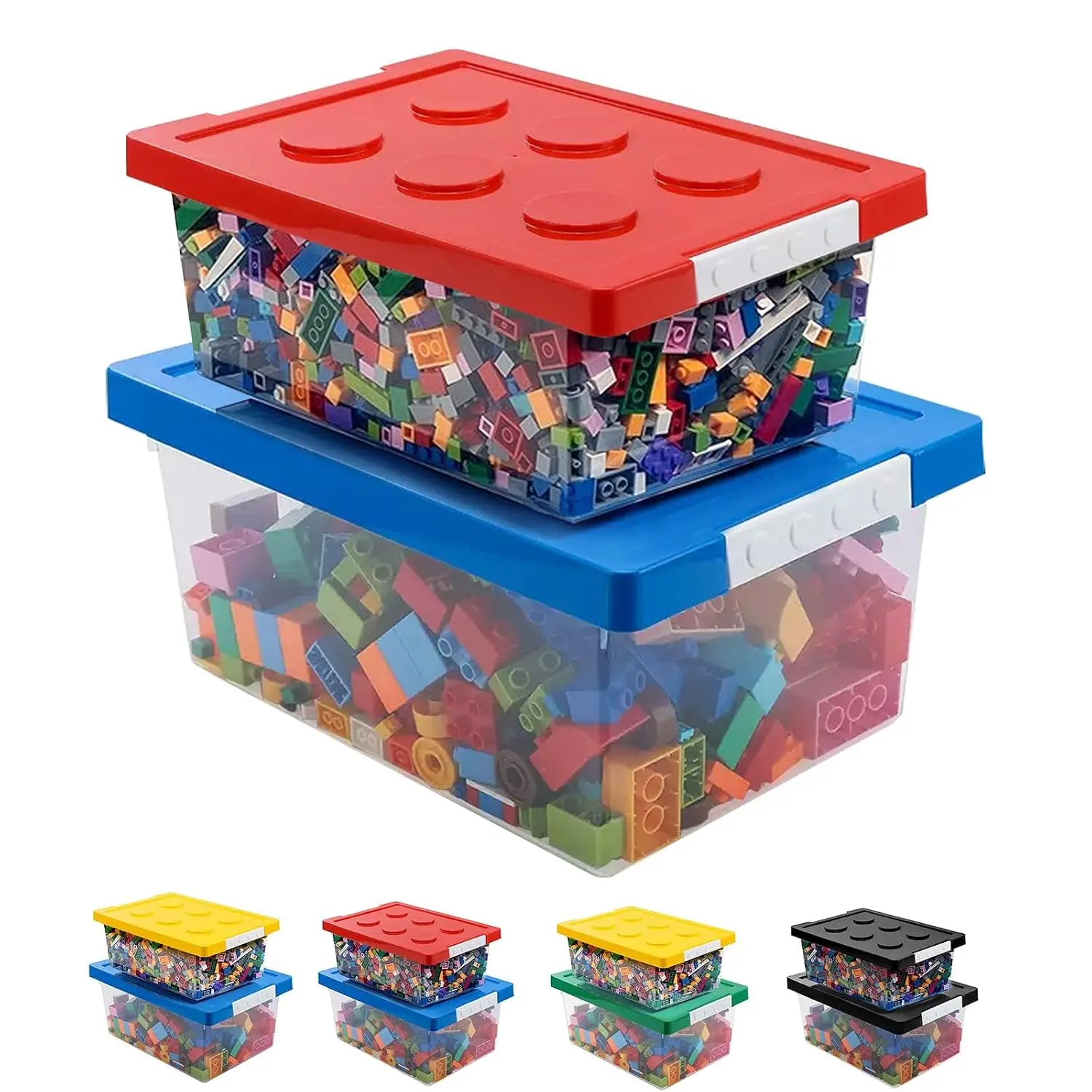 New Plastic Storage Bins With Lids - Stackable Toy Storage Organizer Box Set Of 2, Toy Chests With Compatible Building Baseplate And Lid, Storage Container For Building Bricks - Red+Blue