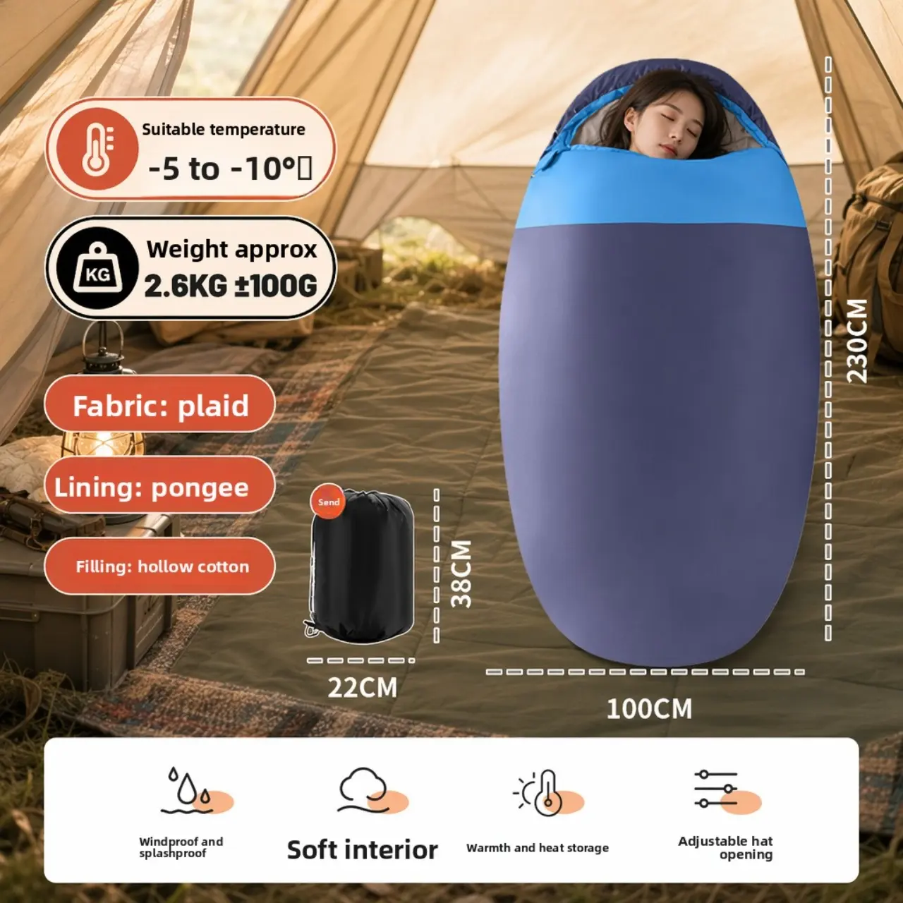 Outdoor Sleeping Bag, Autumn Winter Wide Thick Portable Cotton Sleeping Bag, Egg Shape 230*100cm, Synthetic Down-Silk Cotton