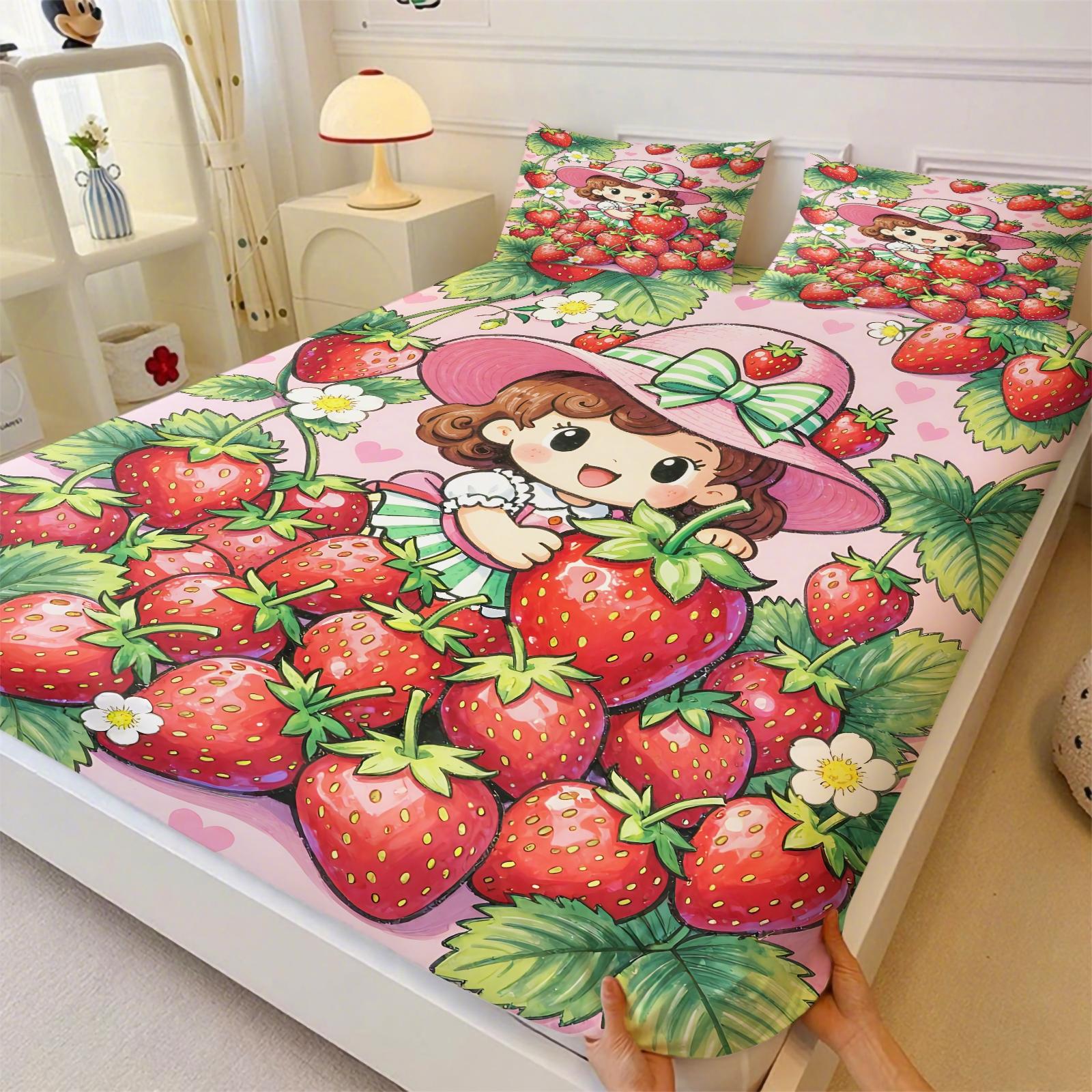 Q Version Strawberry Sweetheart Cartoon Fitted Sheet Set & 2 Pillowcases No Core, Wavy Stripe Design Paired with Cute Cartoon Characters, Soft Anti-Slip Wrinkle-Resistant, Girls' Bedroom Decor, Gift Choice