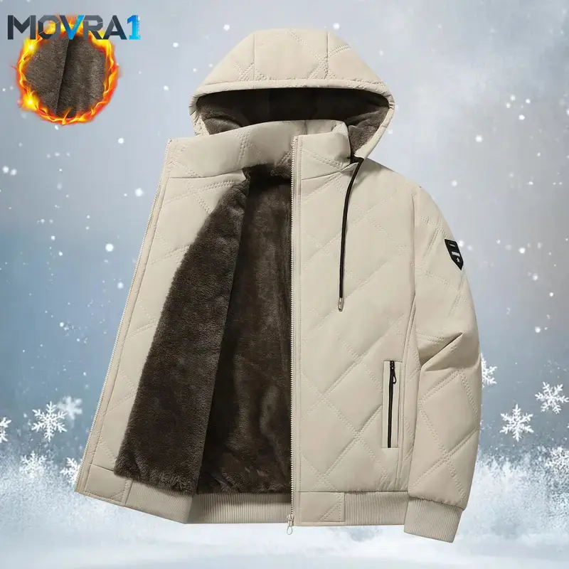 MOVRA1 Men's Hooded Fleece Jacket - 100% Polyester, Warm and Comfortable, Quilted Layer, Full Zipper, Side Pockets, Ribbed Cuffs & Hem, Lightweight Utility Men's Fleece Jackets, Winter Outdoor Wear, Commuting.