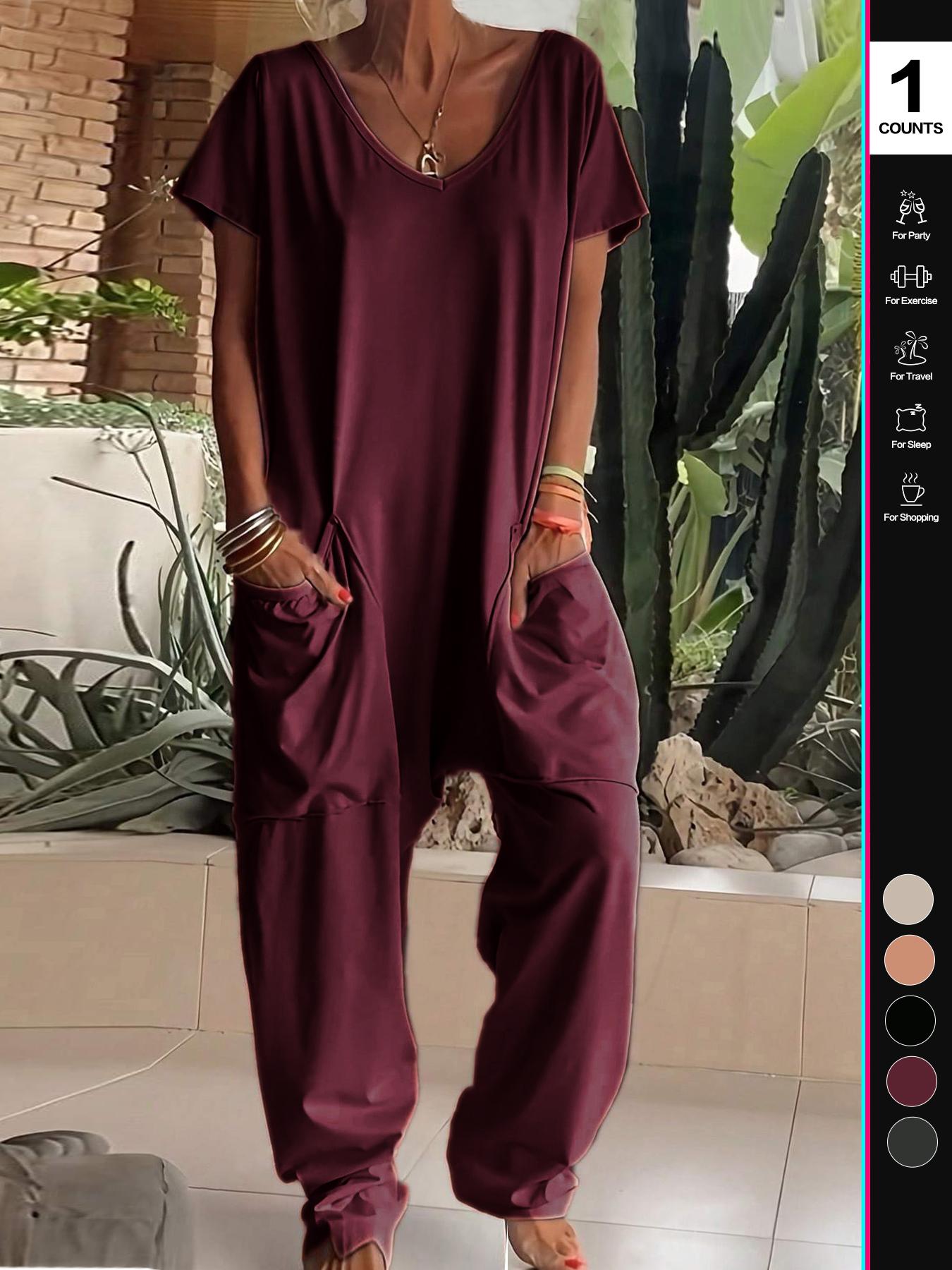 2026 Women's Casual Jumpsuit, Short-Sleeve V-Neck Harem Pants, Loose Fit Wide Leg, Perfect for All Seasons, Stylish & Comfortable