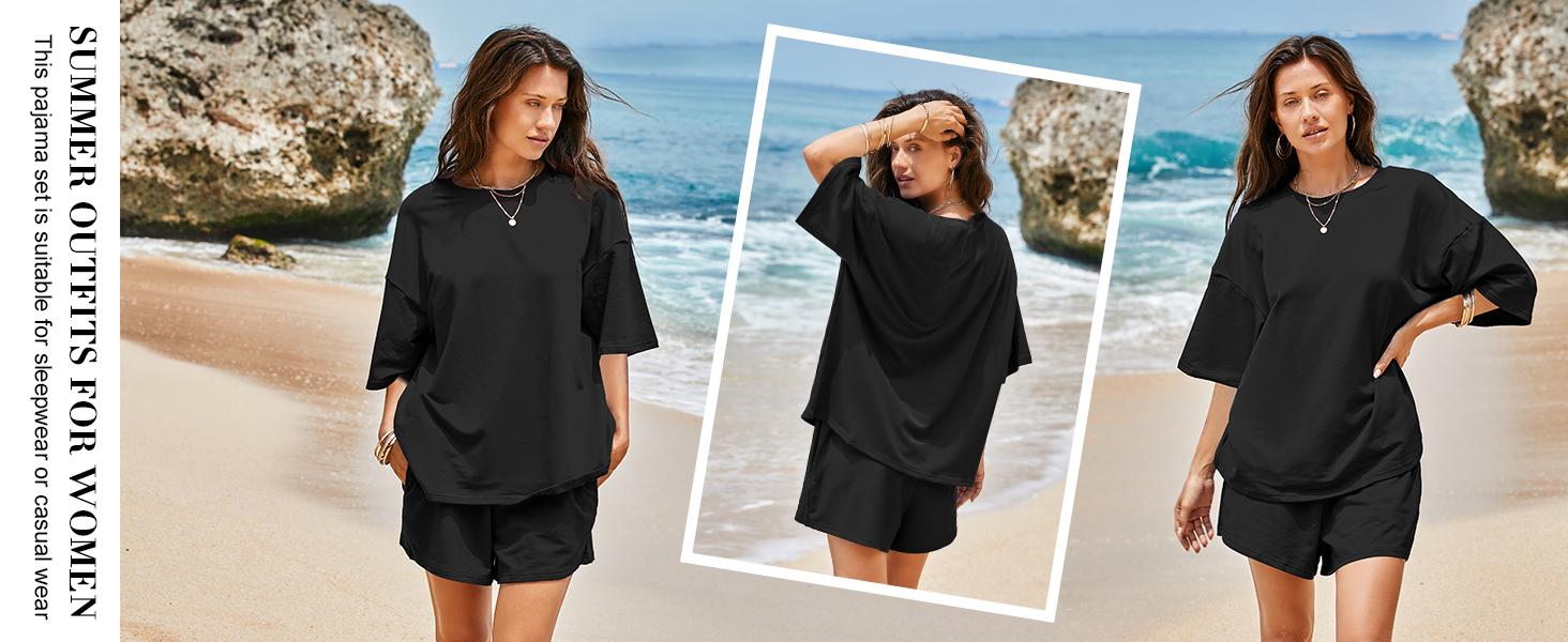 FMEYOA Womens Casual Comfy 2 Piece Outfits 3/4 Sleeve Tops and Elastic Waist Shorts Lounge Sets Loungewear