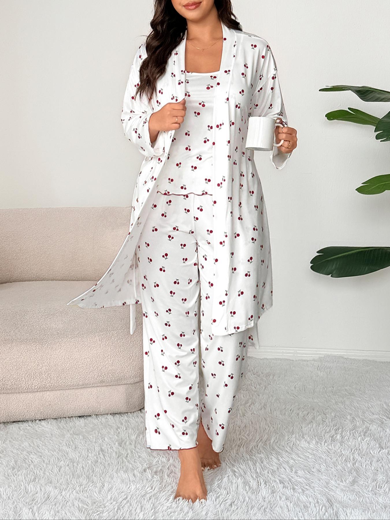 Plus Size Cherry Print Women's Sweet Comfortable Belted Robe & Sleeveless Long Pants & Cami Set, Three-Piece Pajama Sleepwear, Casual Home Wear Plus Size Cherry Print Women's Sweet Comfortable Belted Robe & Sleeveless Long Pants & Cami Set, Three-Piece Pajama Sleepwear, Casual Home Wear