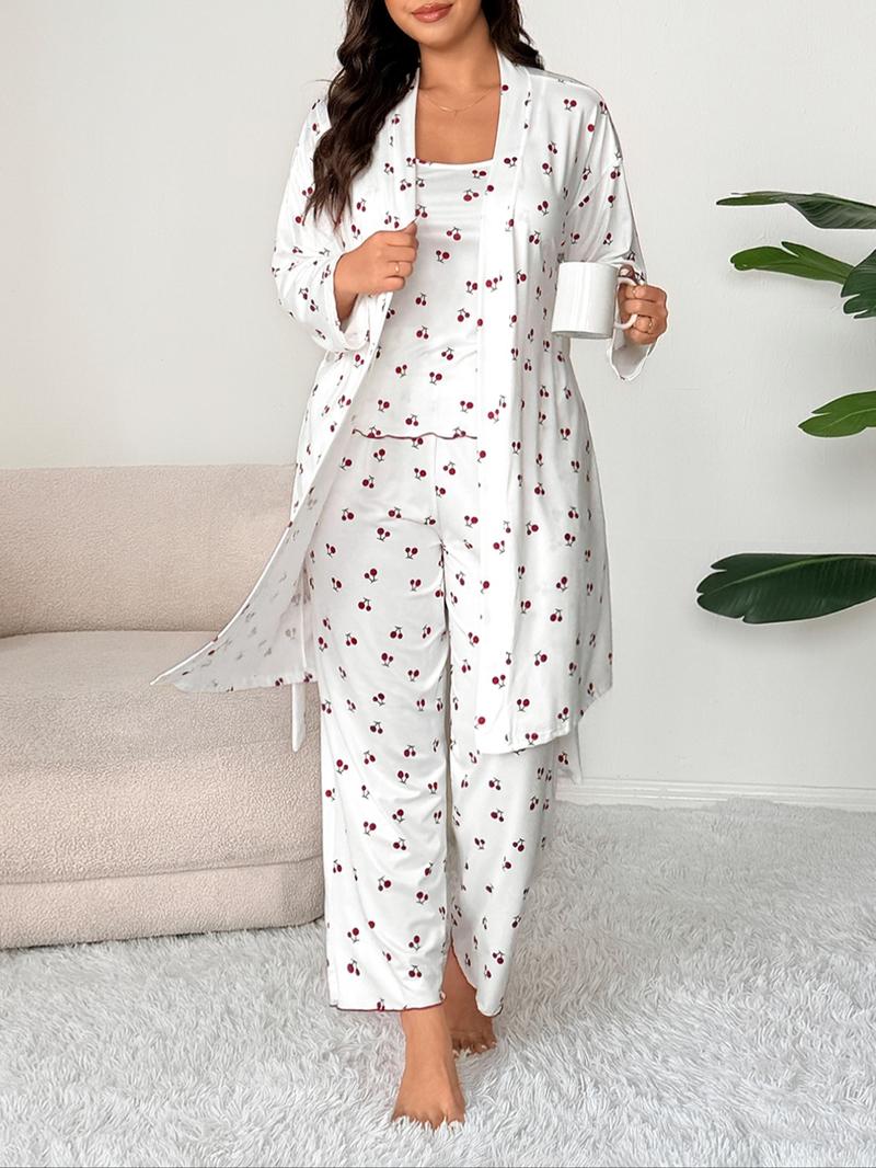Plus Size Cherry Print Women's Sweet Comfortable Belted Robe Set, Sleeveless Long Pants Three-Piece Sleepwear, Casual Home Wear