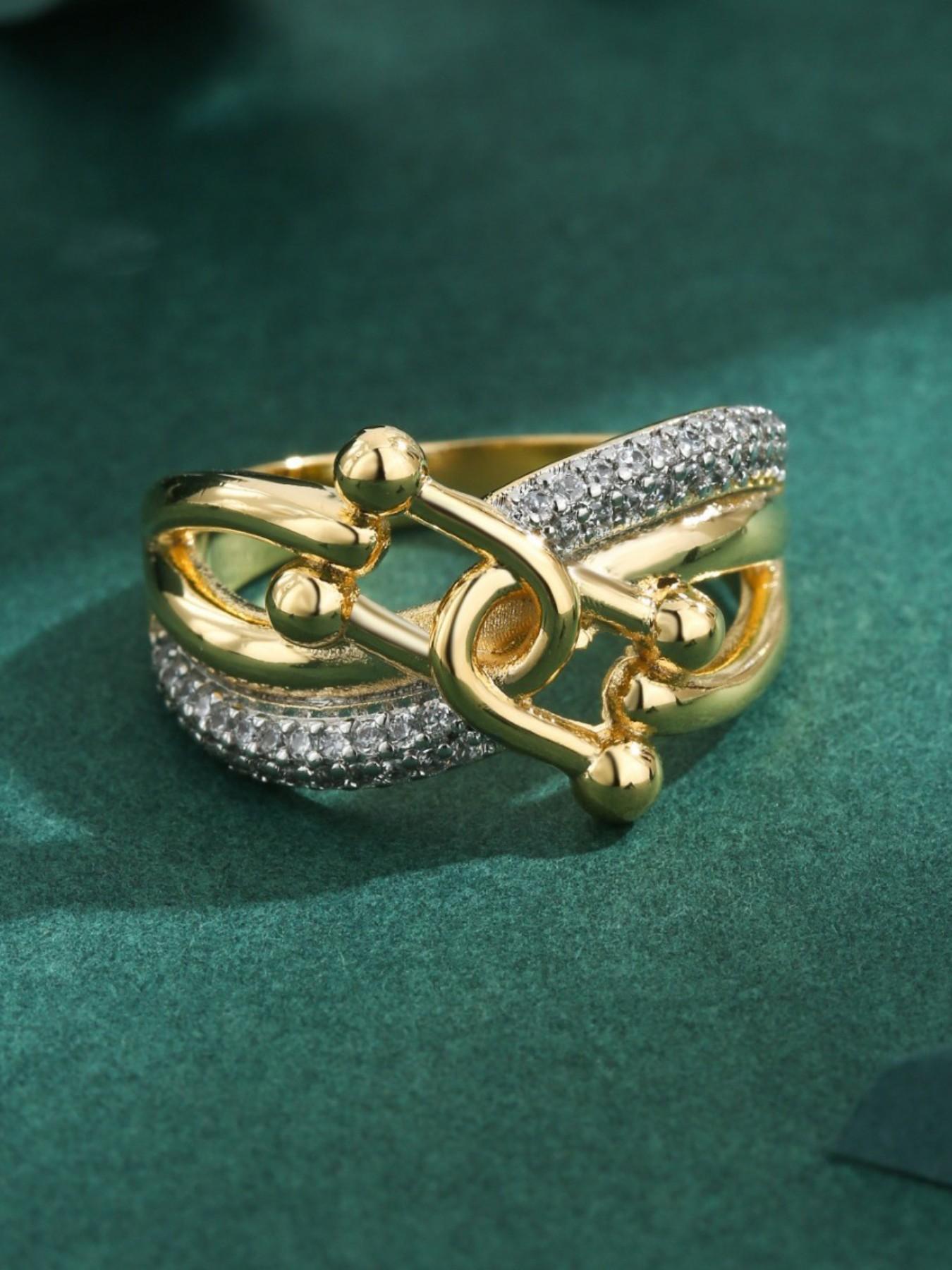 Cool Interlocking Horseshoe Ring, Bright Zircon Studded, Stackable Rings Women's Jewelry, Sizes 6-10, Casual Style