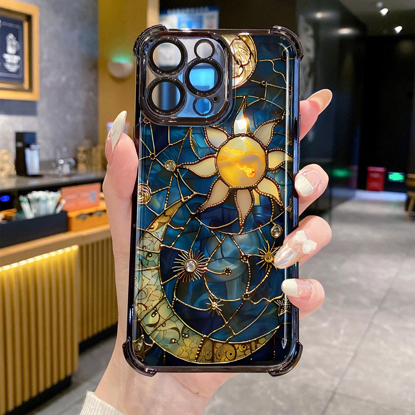 Four-corner anti-drop TPU phone case with sun and moon pattern design, suitable for iPhone 16 15 14 Pro Max 13 12 11 XR XS Plus, shockproof full camera protection, durable and slim silicone shell phone case Cover