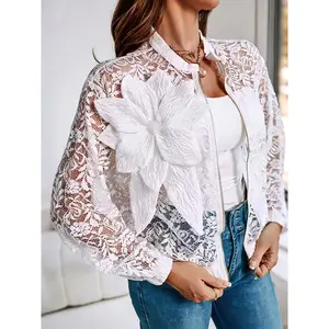 Elegant Plant Pattern Hollow-Out Lace Zipper Jacket | Stand Collar, Long Sleeve, Spring/Summer Season, Ideal for Going Out and