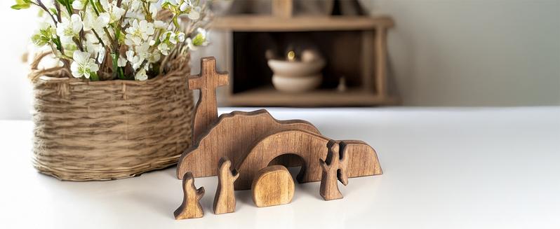 Wooden Easter Resurrection Scene Cross, Empty Tomb Easter Scene & Cross Decoration, Jesus Tomb Tray Set for Religious Home Office