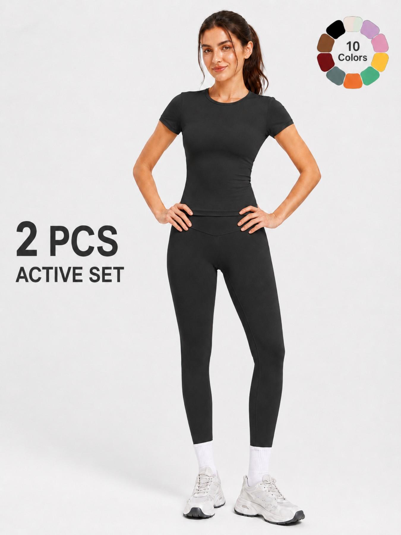 Women's 2 Piece Workout Outfit Sets, Short Sleeve Crew Neck Crop Top & High Waist Yoga Leggings, Casual Athletic Fitness Activewear Tracksuit