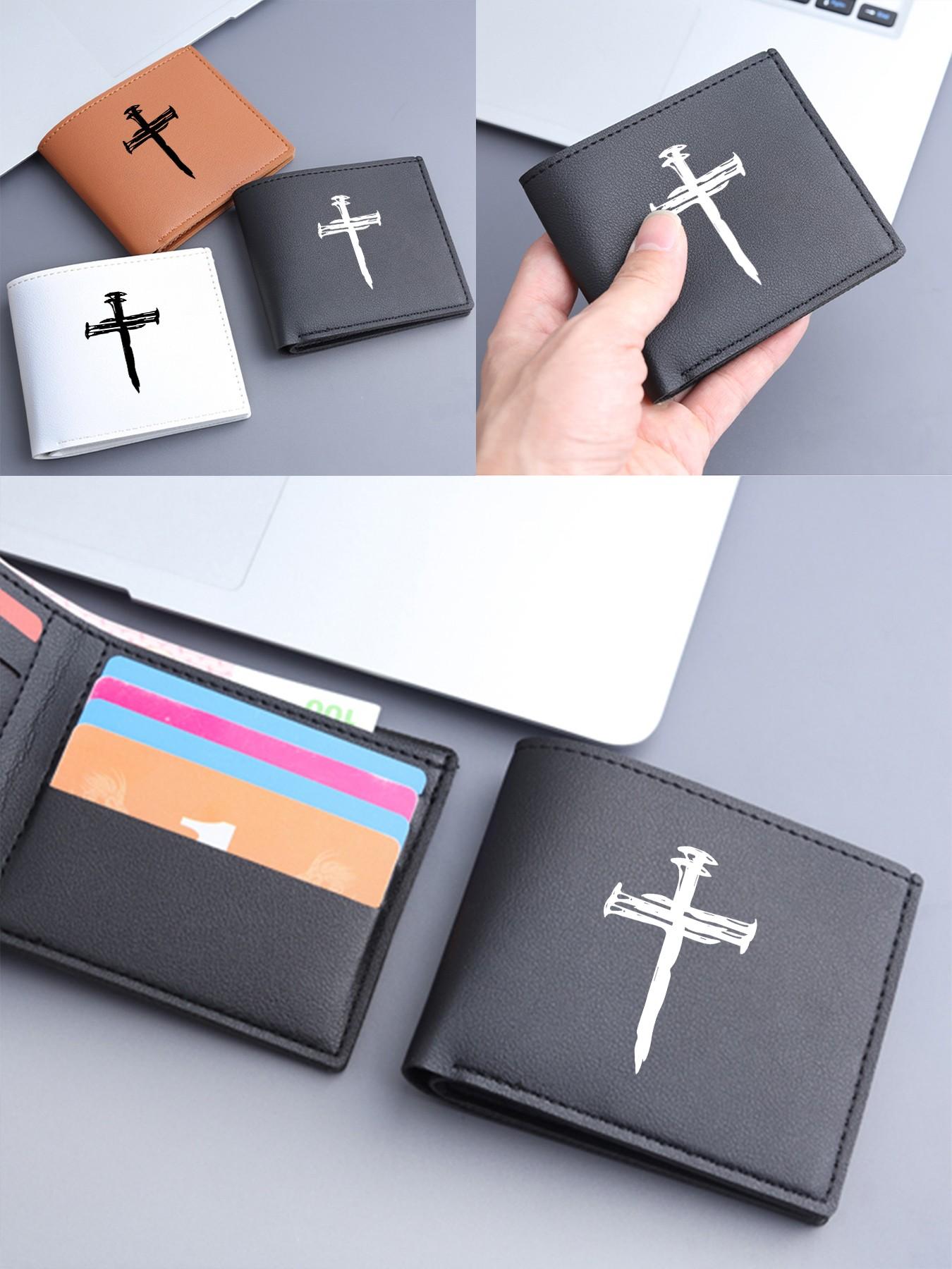 Neutral Style PU Leather Cross Print Wallet, Compact Foldable Card Holder, Unisex Lightweight Religious Money Clip, Ideal for Work, School, Travel