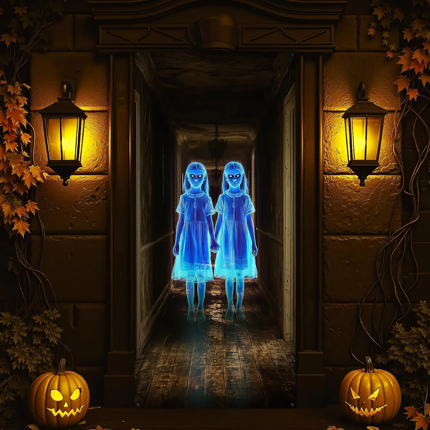 35.4x70.9" Horror Halloween Door Cover, Creepy Twins Design Decor, Spooky Backdrop Banner for Front Door, Haunted House Party Home & Festive Supplies, Door Decoration