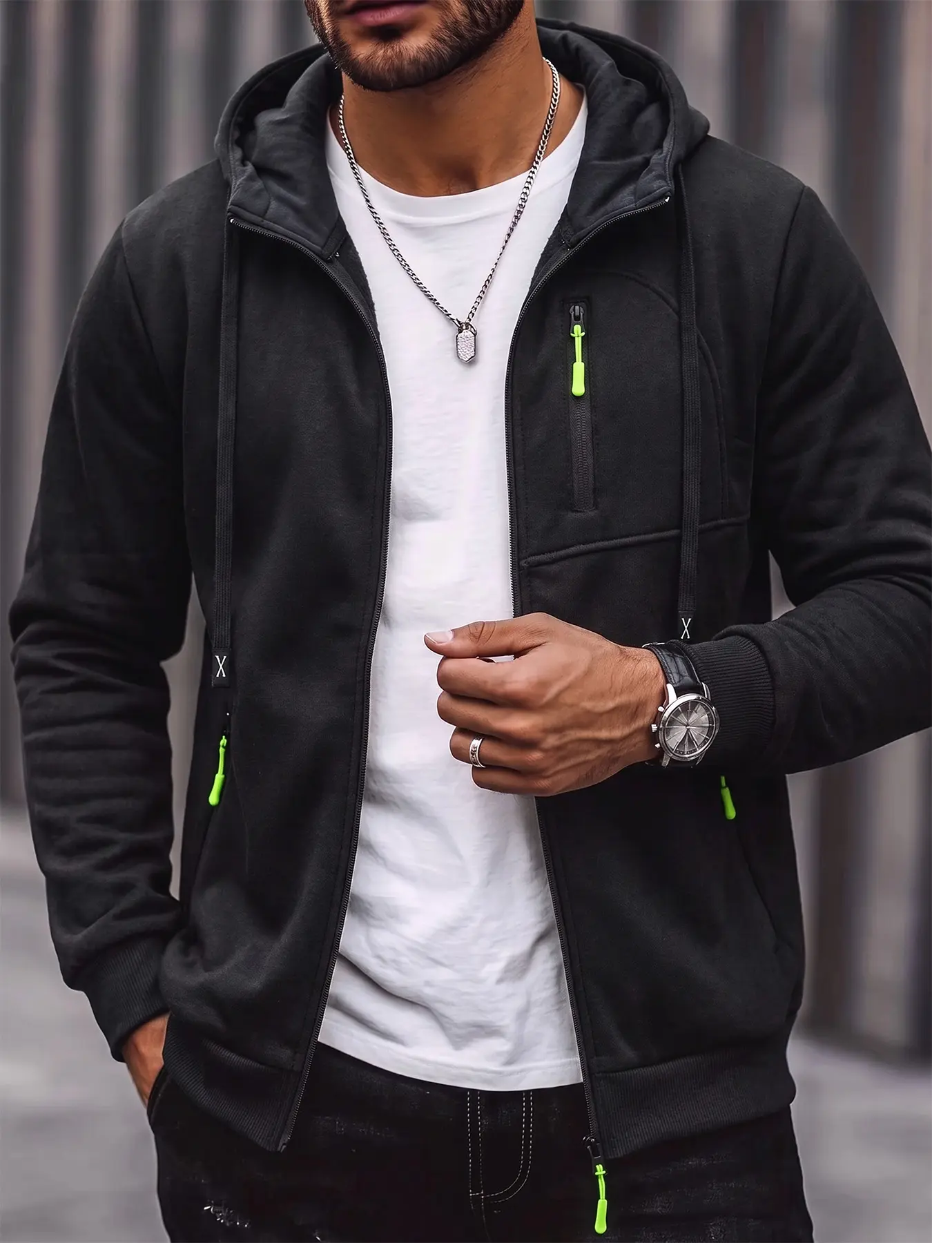 Men's Casual Autumn Winter Jacket, Men's Mixed Yarn Hooded Jacket - Fleece Lined Zip-Up Coat with Contrast Zipper & Embroidered Drawstring Tips, Multi-Pocket Warm Outerwear for Leisure Fishing, Gift for Him