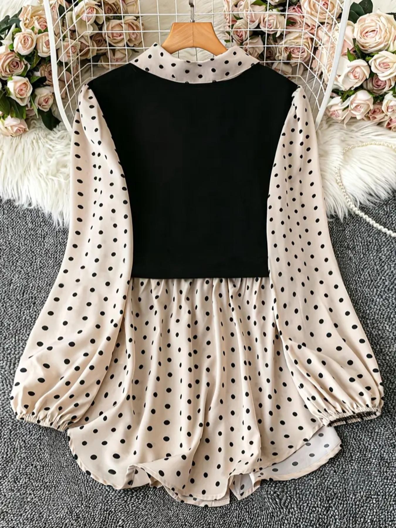 Plus Size Women's Polka Dot Blouse, Fitted Long Sleeve Casual Top for Fall, Comfortable Daily Wear for Holiday, Casual Bishop Sleeve