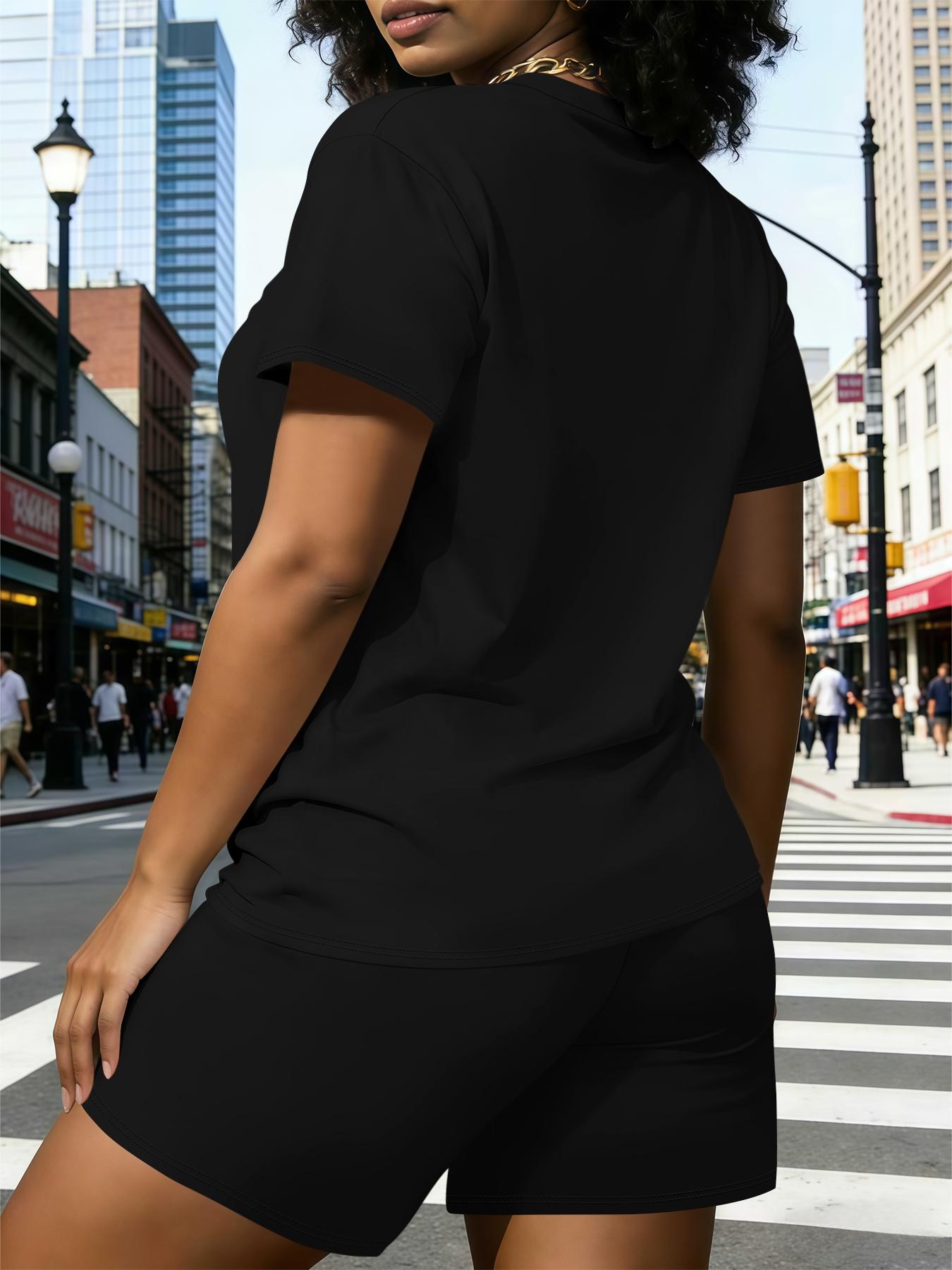 Plain two-piece set, plain typical Western hot girl style casual two-piece set, typical Western hot girl style casual two-piece set, plus size loose's clothing, crew neck T-shirt short sleeve   shorts set, comfortable casual fashionable elegant